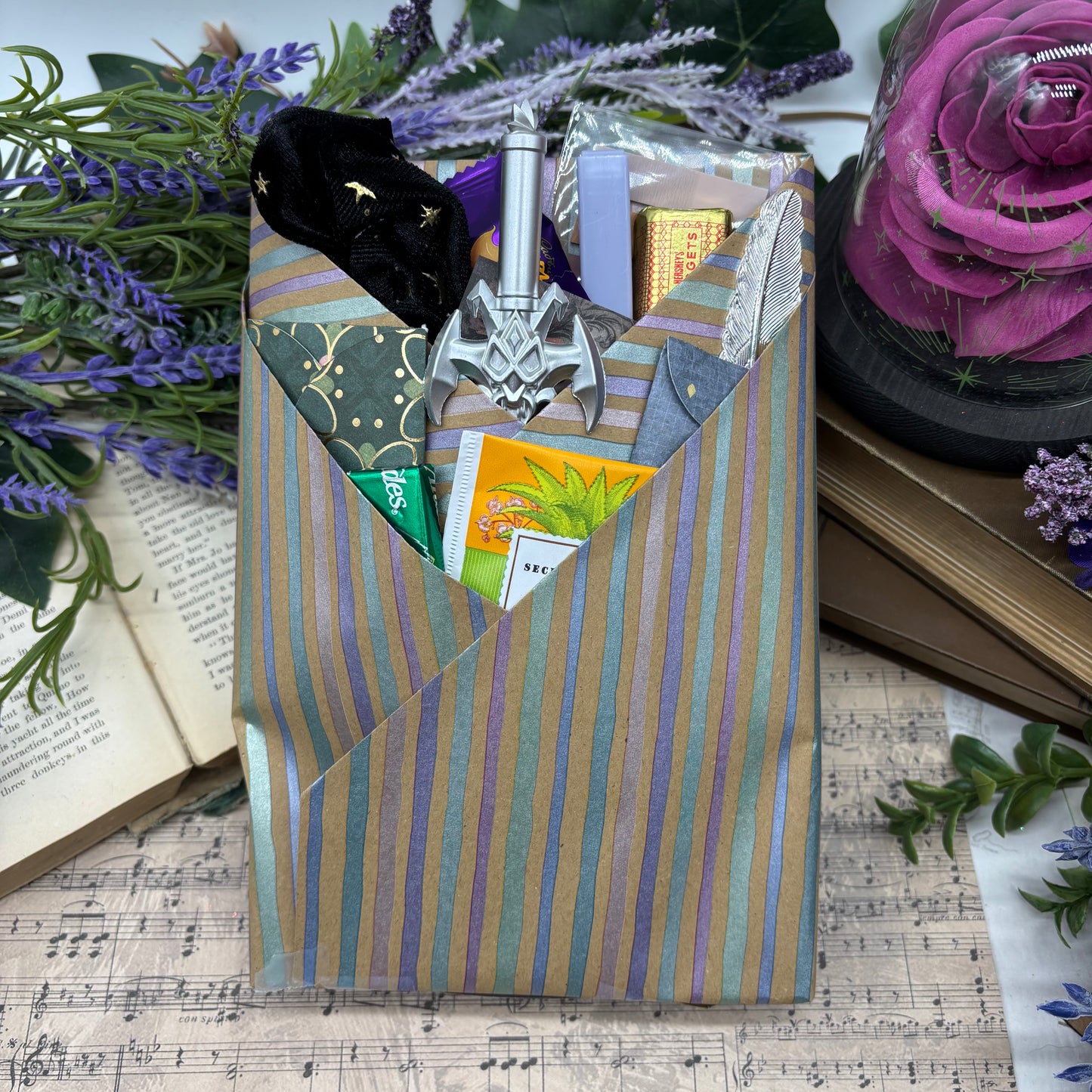 Wrapped blind date book SciFi with custom sprayed edges and goodies