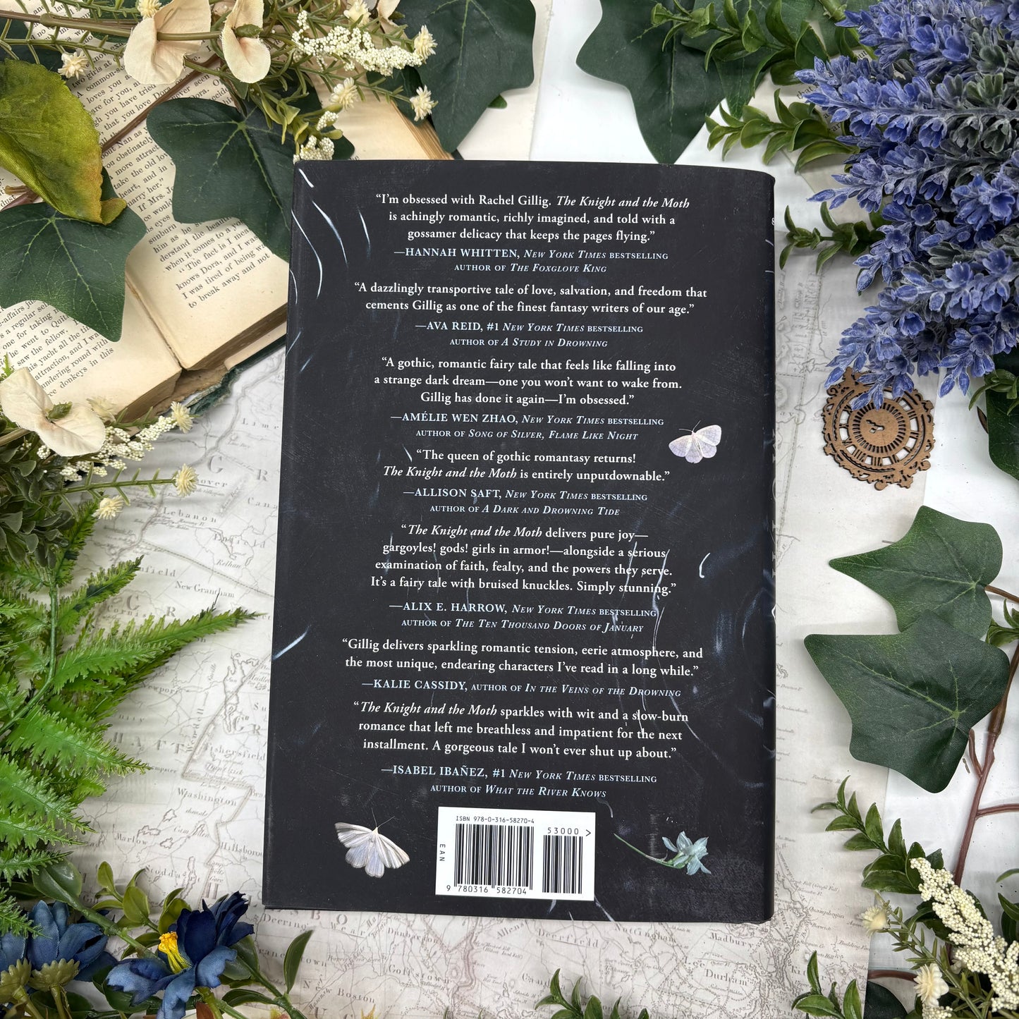 Back cover of The Knight and the Moth special edition hardcover with printed edges
