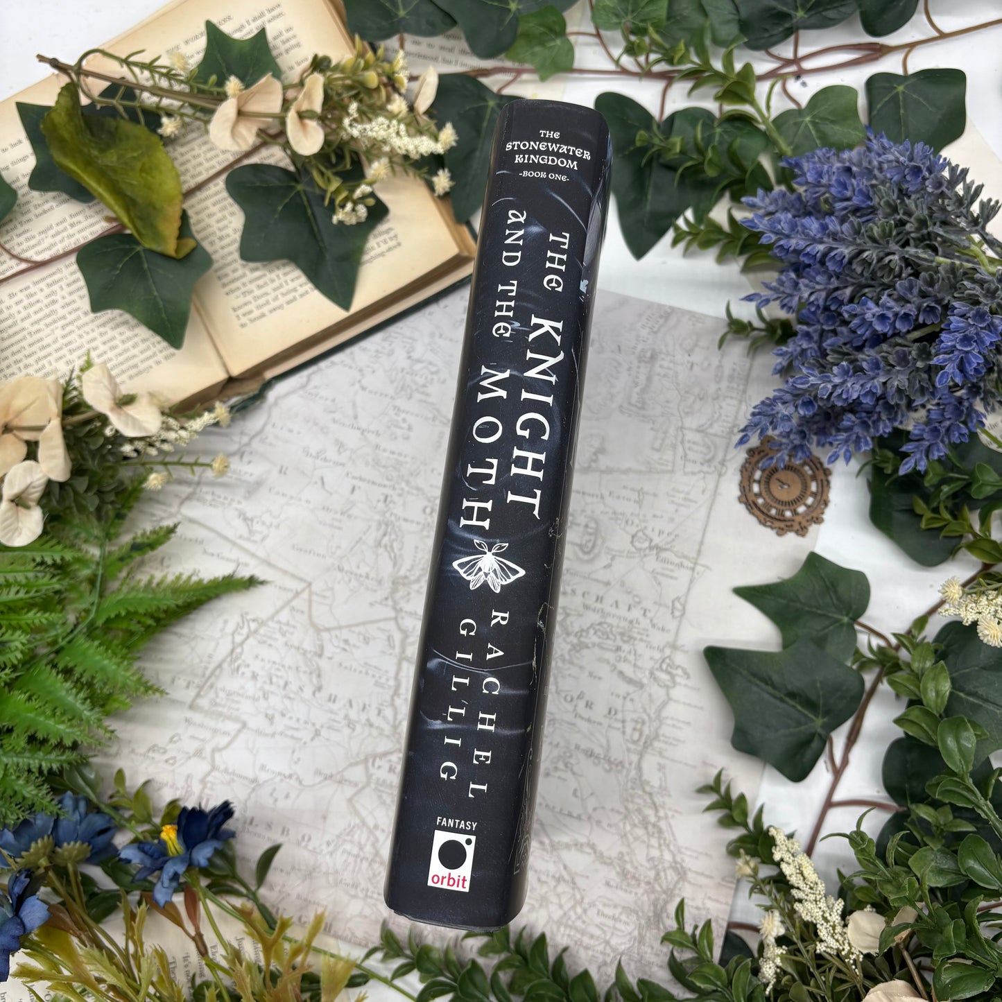 Spine view of The Knight and the Moth special edition hardcover with printed edges