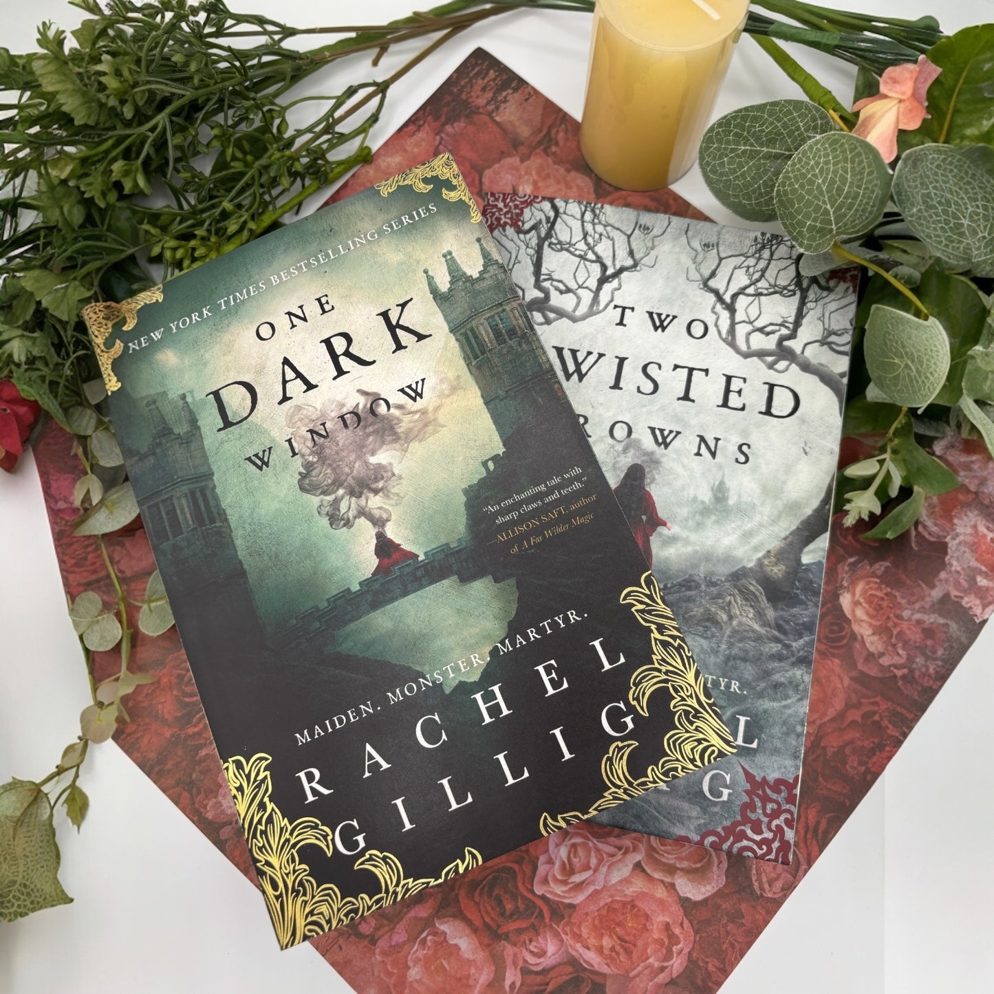 Special edition paperback set of One Dark Window and Two Twisted Crowns by Rachel Gillig covers