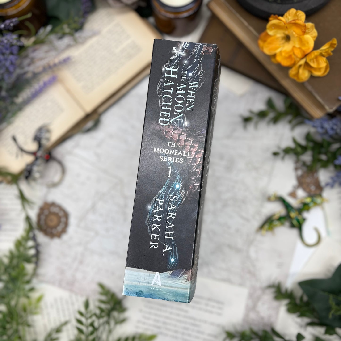 Spine of When the Moon Hatched special edition paperback with custom edges