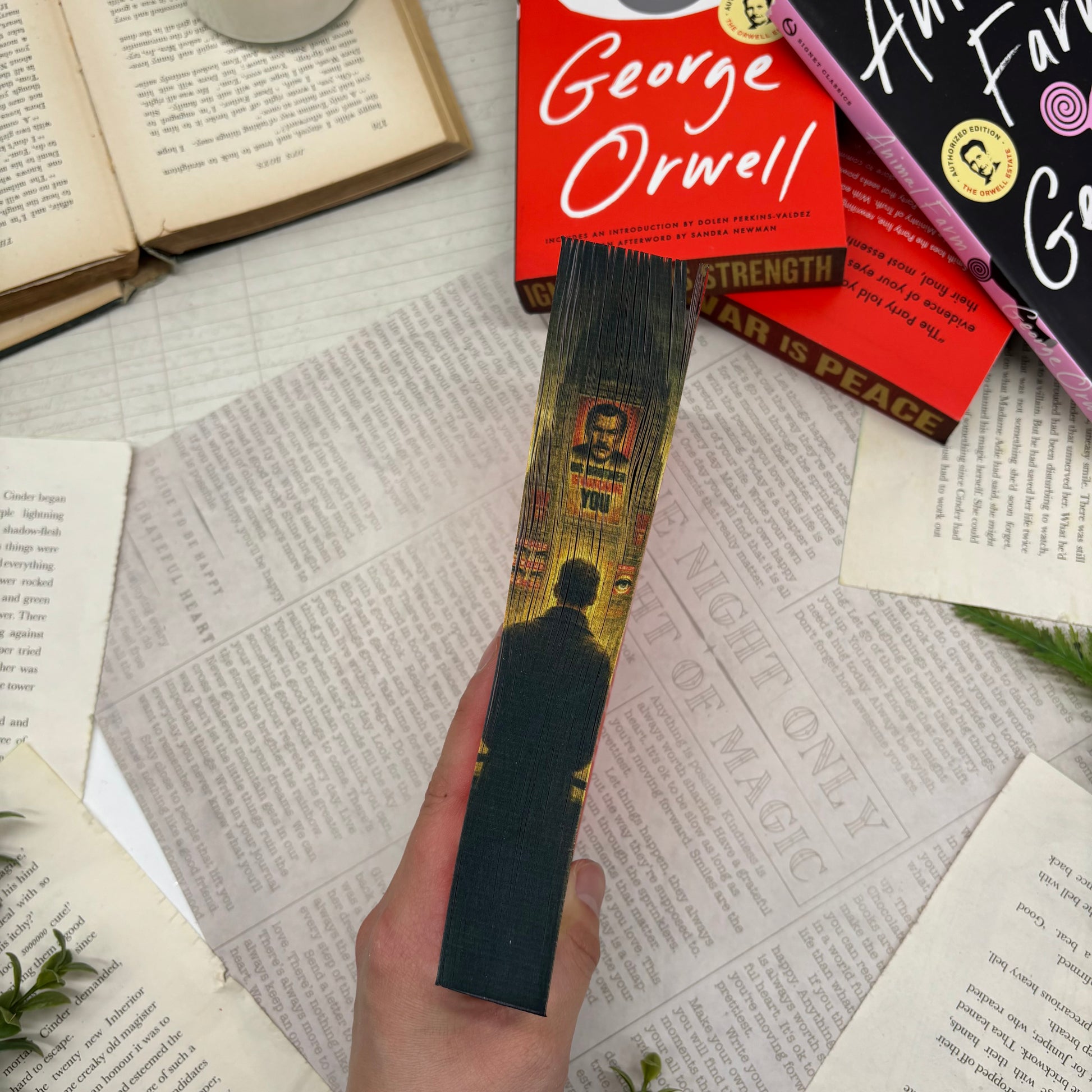 close up of custom sprayed edges on 1984 by George Orwell special edition paperback