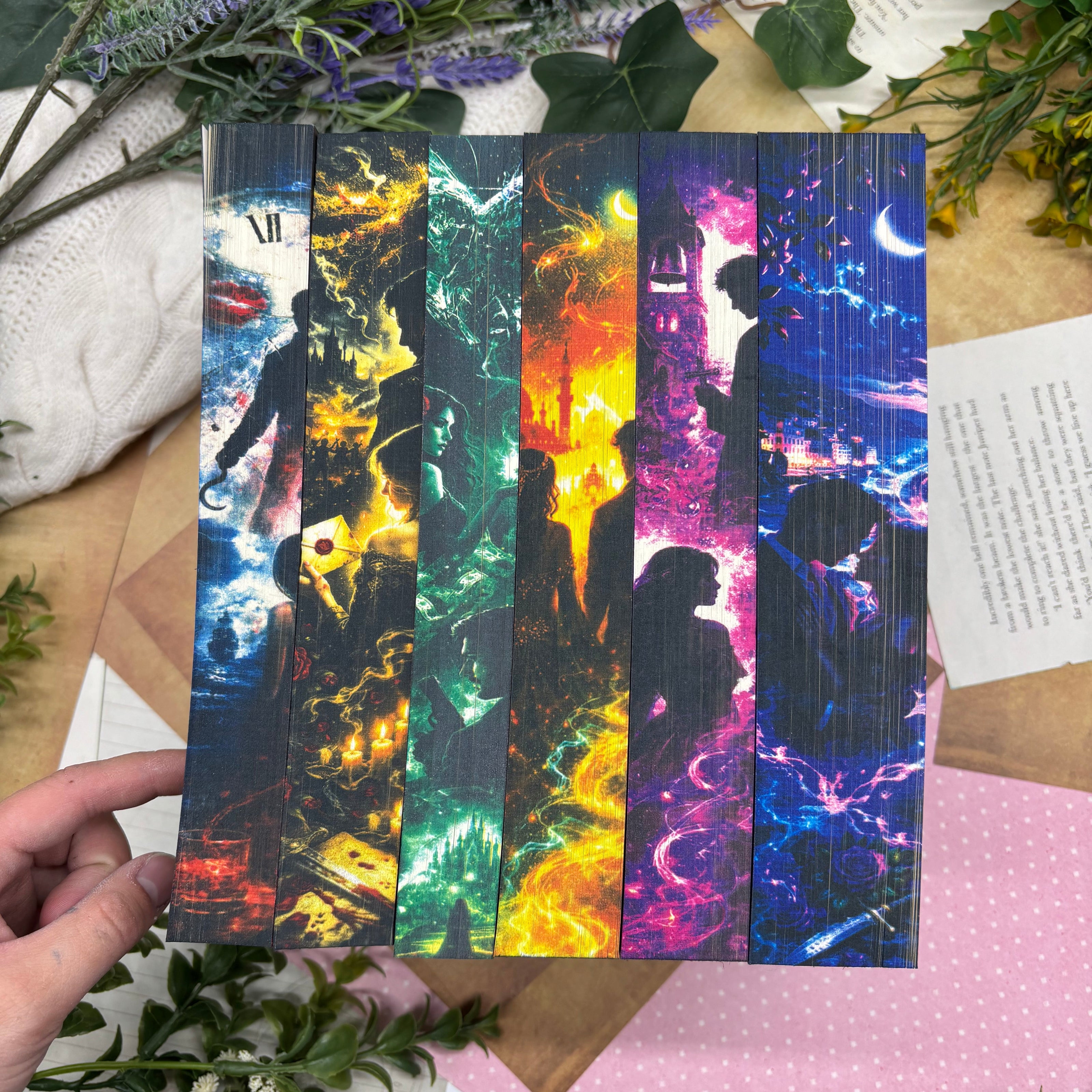 Colorful bookmarks with artistic designs held by a hand on a floral background
