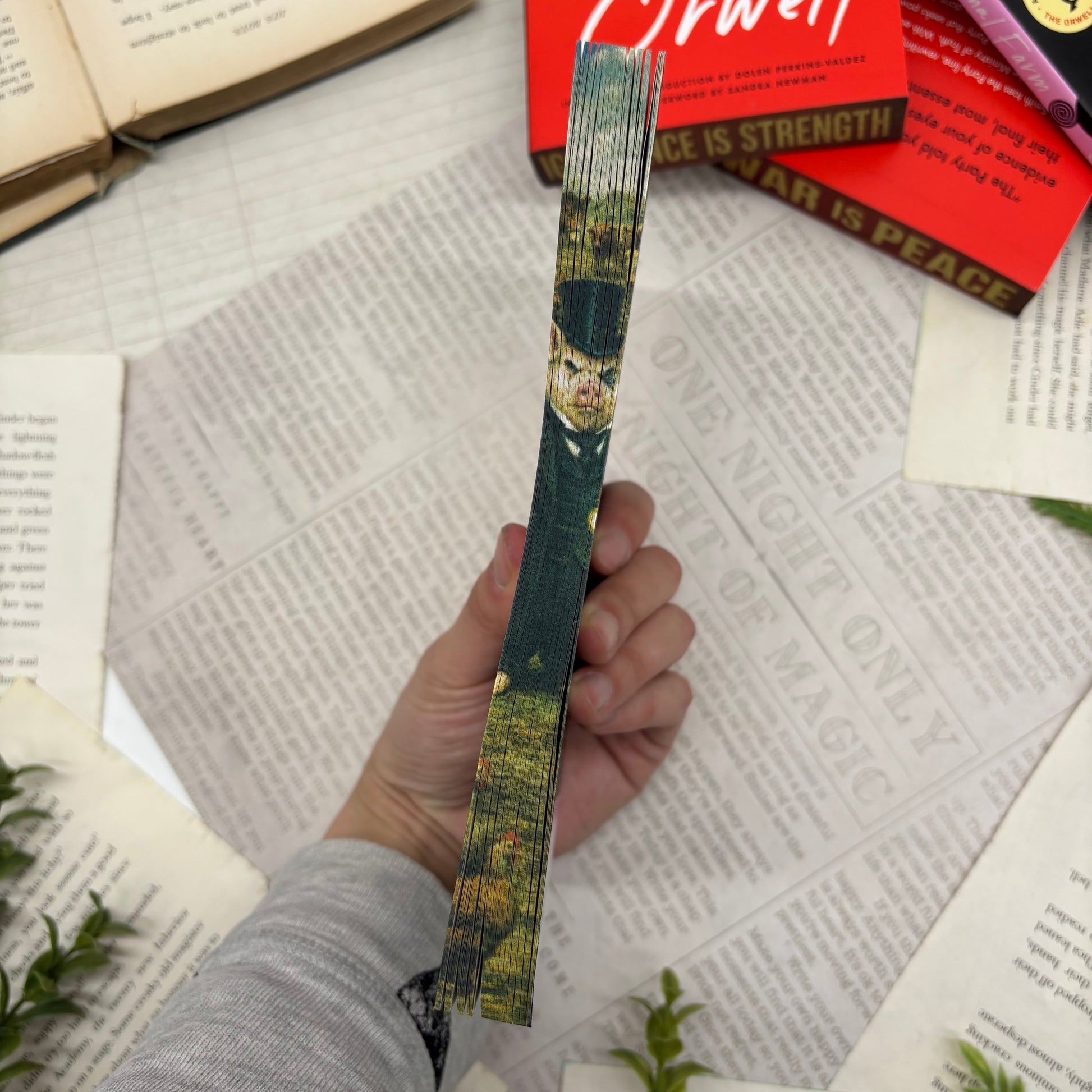 side view of Animal Farm paperback showing custom designed edges special edition