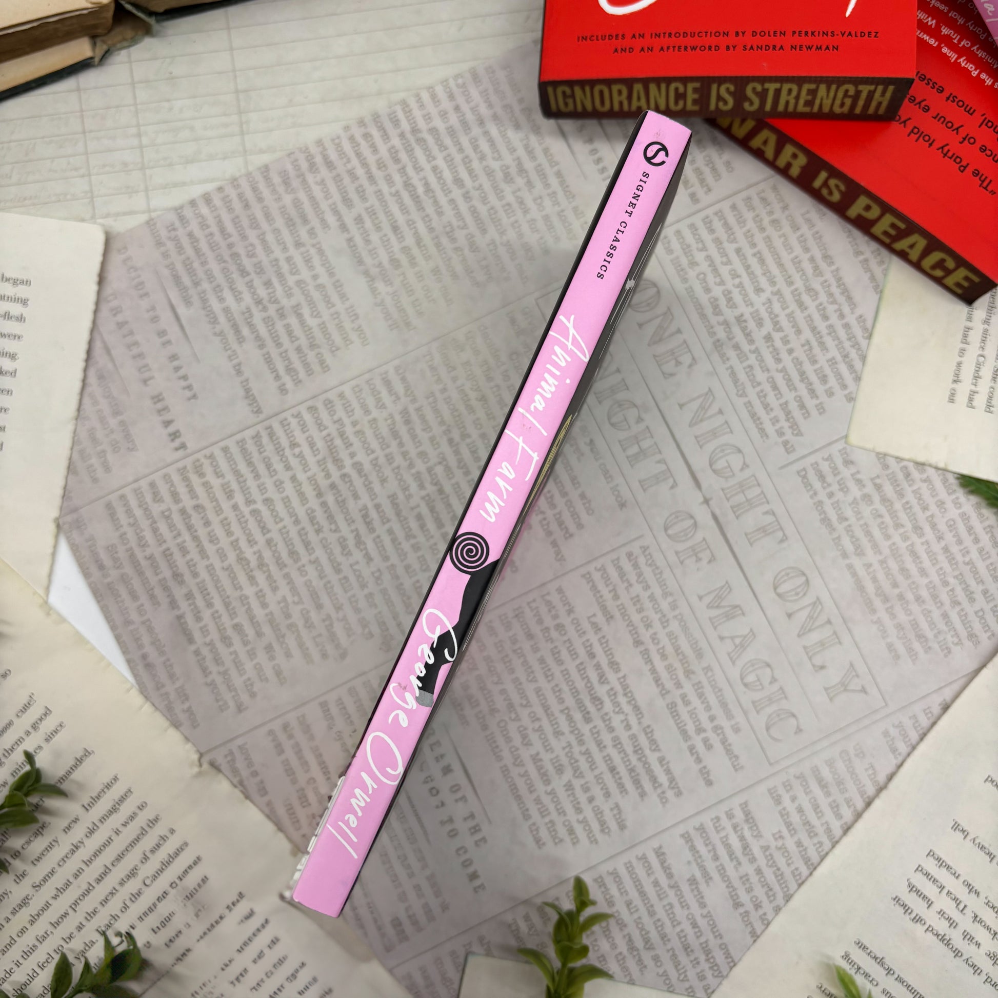 spine view of Animal Farm paperback showing custom designed edges special edition