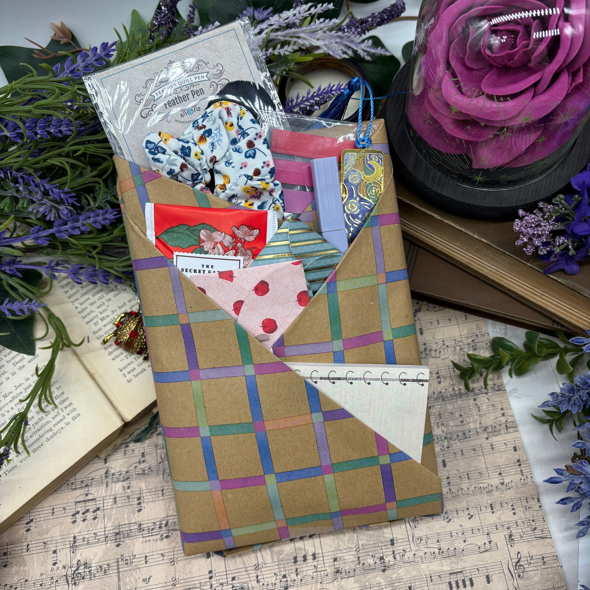 Wrapped blind date book romance with custom sprayed edges and goodies