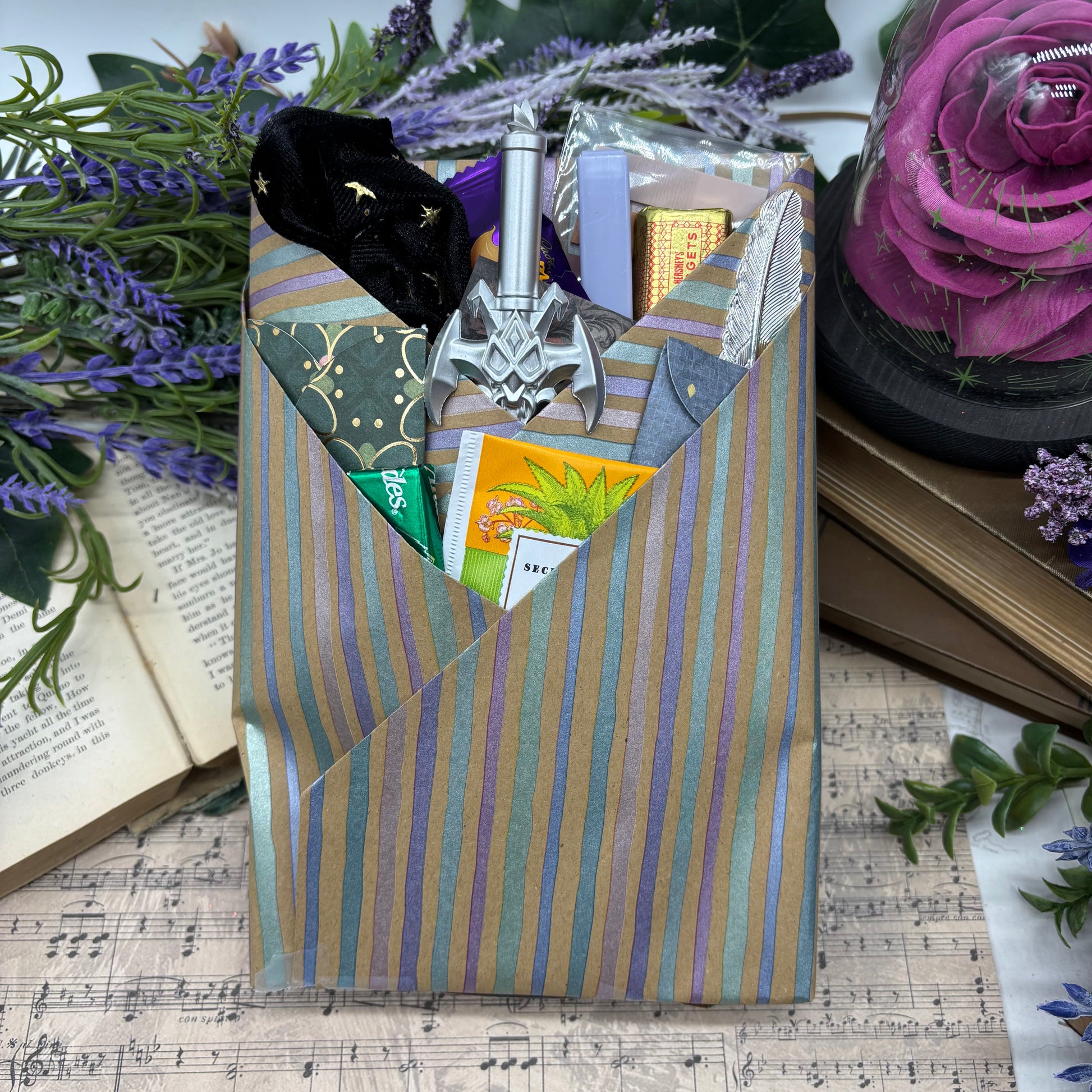 Wrapped blind date book SciFi with custom sprayed edges and goodies