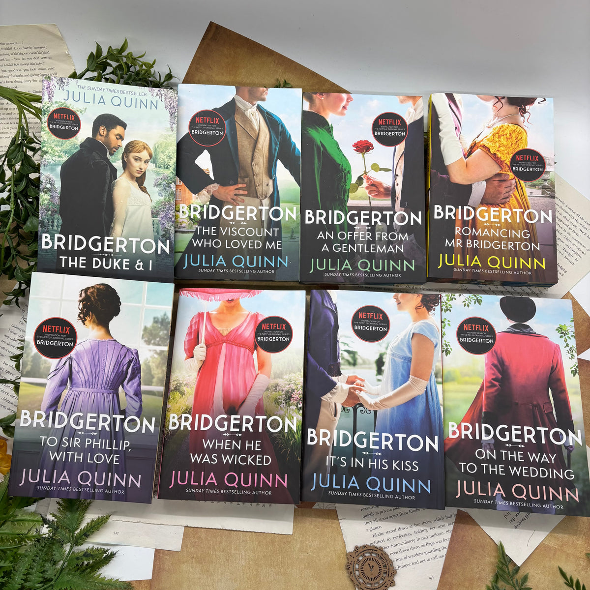 Bridgerton nine-book paperback collection by Julia Quinn with custom designed edges front covers