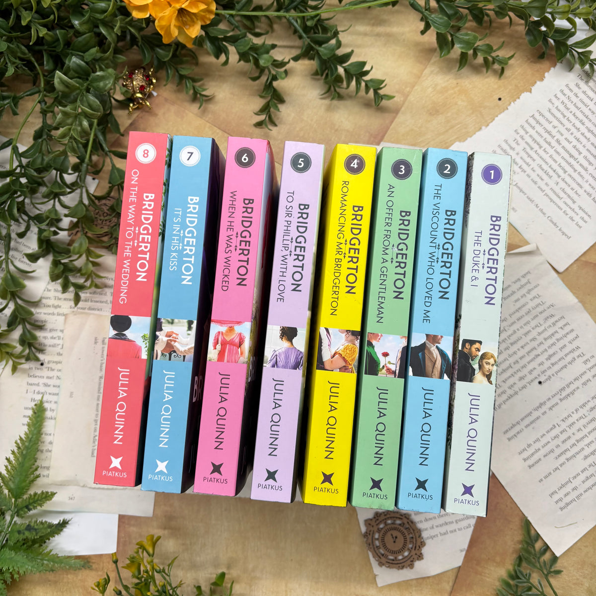 Bridgerton nine-book paperback collection by Julia Quinn with custom designed edges spines