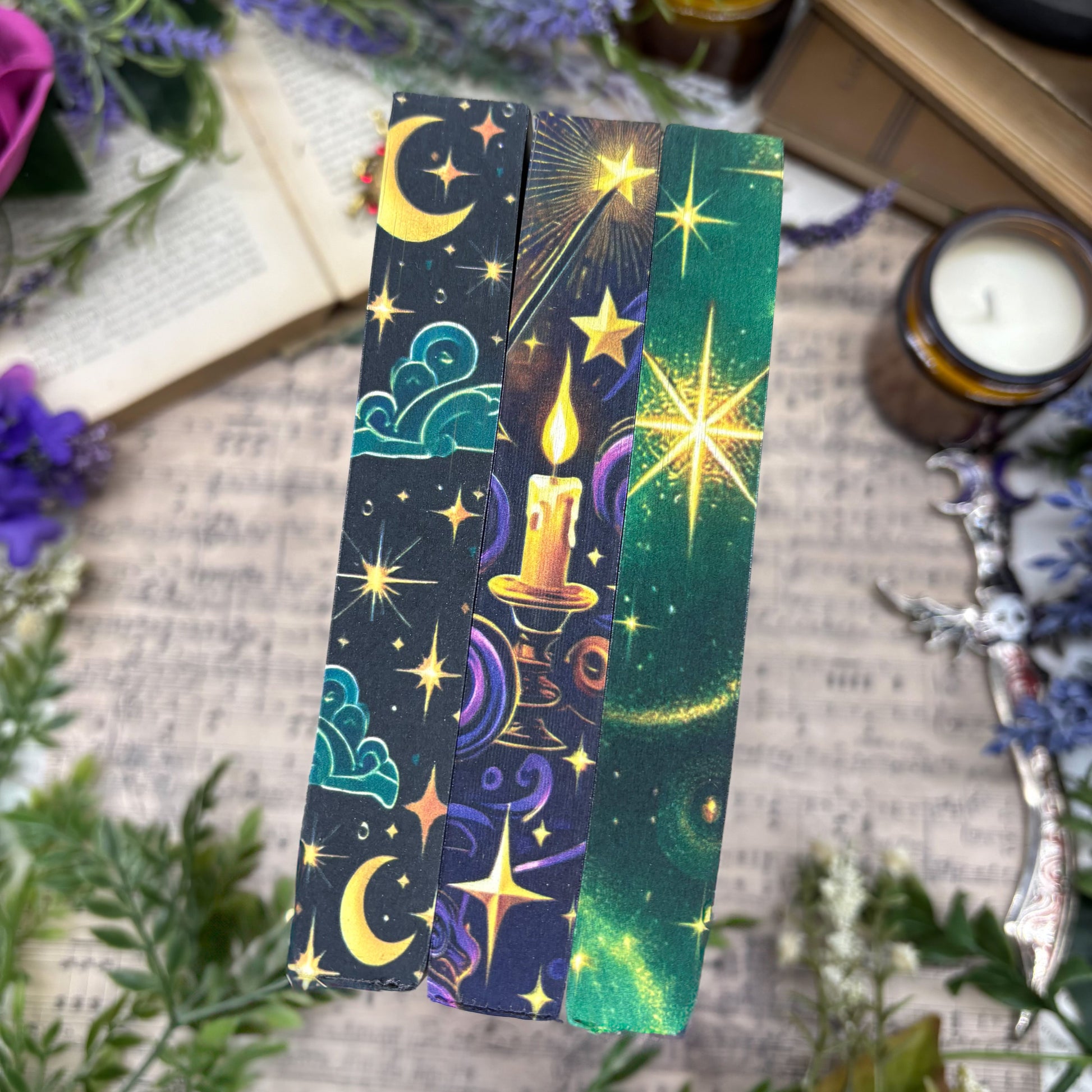 Close-up of custom printed and stenciled book edges on Erin Sterling's Witchy Romance set