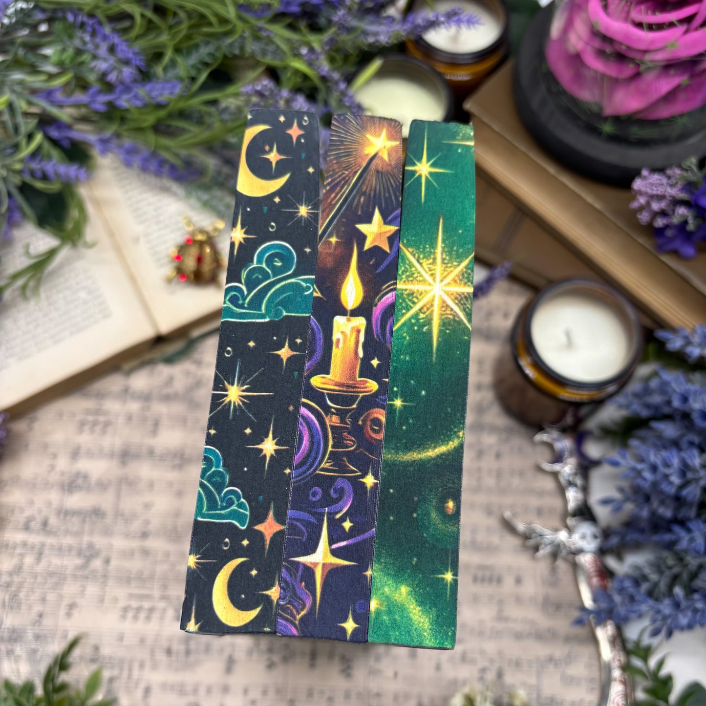 Close-up of custom printed and stenciled book edges on Erin Sterling's Witchy Romance set