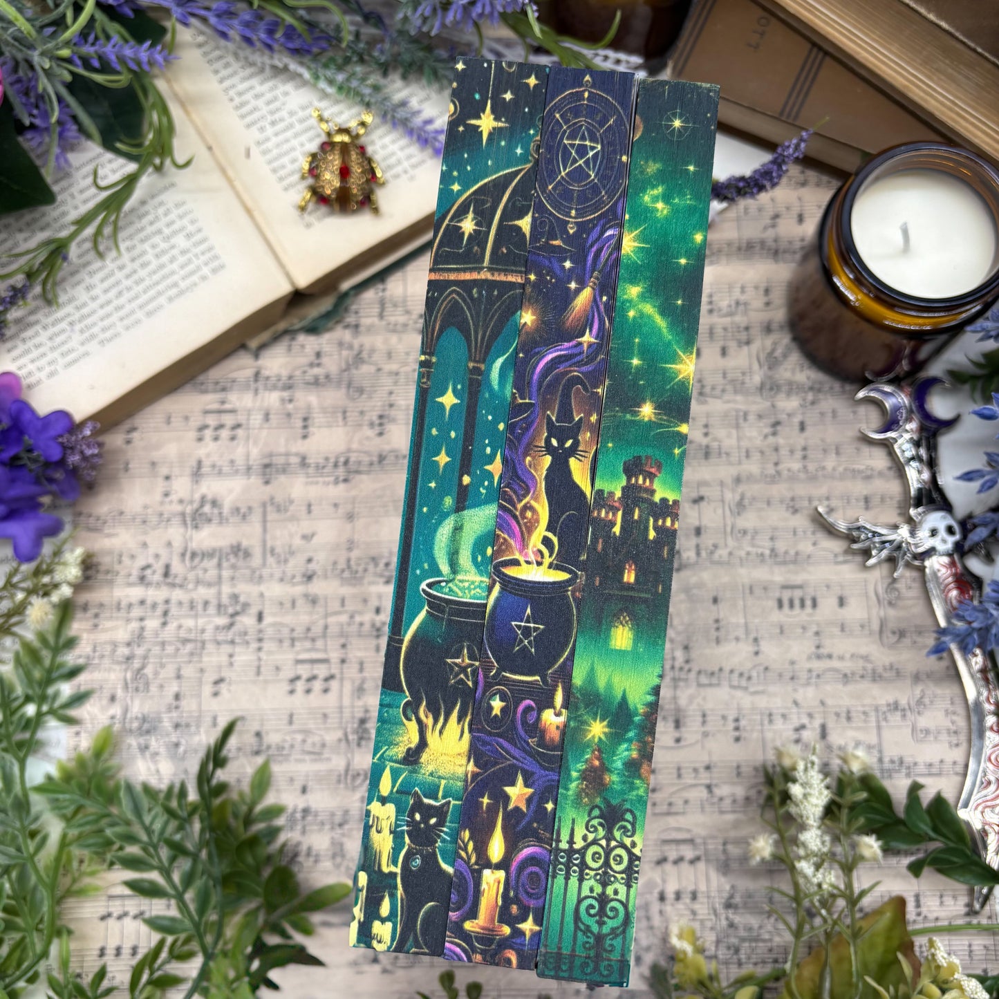 Close-up of custom printed and stenciled book edges on Erin Sterling's Witchy Romance set