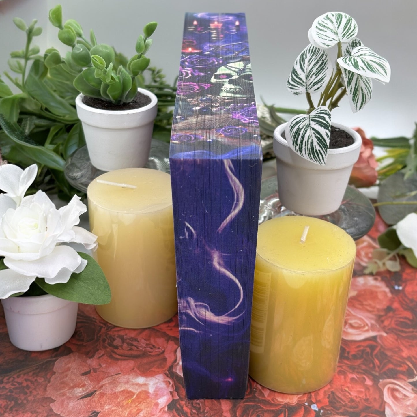 Bottom, middle of Enchantra special edition paperback by Kaylie Smith with candles and skulls edge design