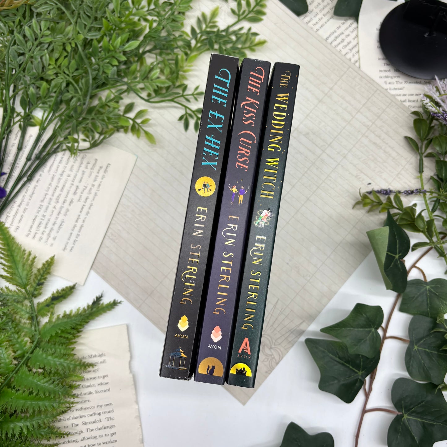 Special edition paperback set of The Ex Hex, The Kiss Curse, and The Wedding Witch by Erin Sterling with custom edges