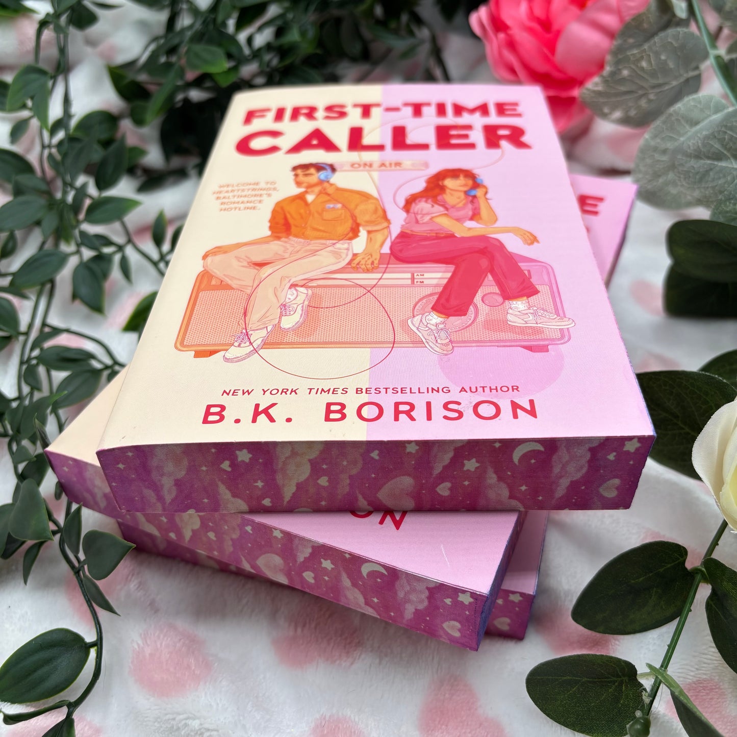 First Time Caller by B.K. Borison special edition paperback with custom sprayed edges side view