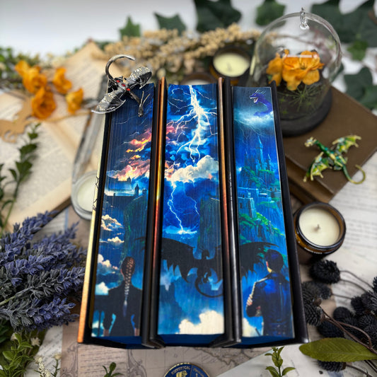 Fourth Wing, Iron Flame, and Onyx Storm special edition hardcovers with sprayed edges