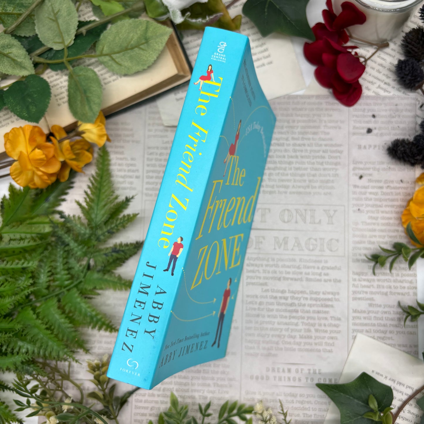 spine view of The Friend Zone paperback showing custom sprayed edges special edition