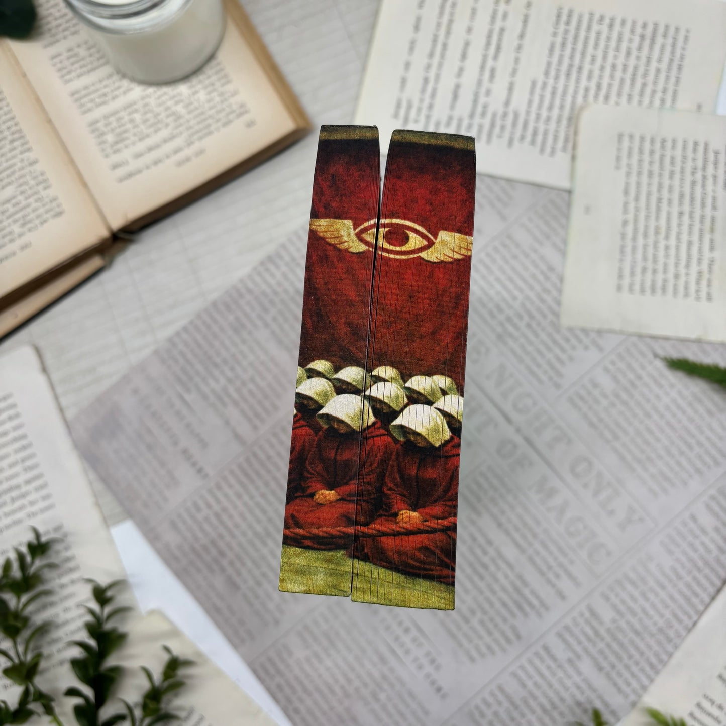 Handmaid’s Tale and Testaments by Margaret Atwood special edition paperback set with custom edges top view