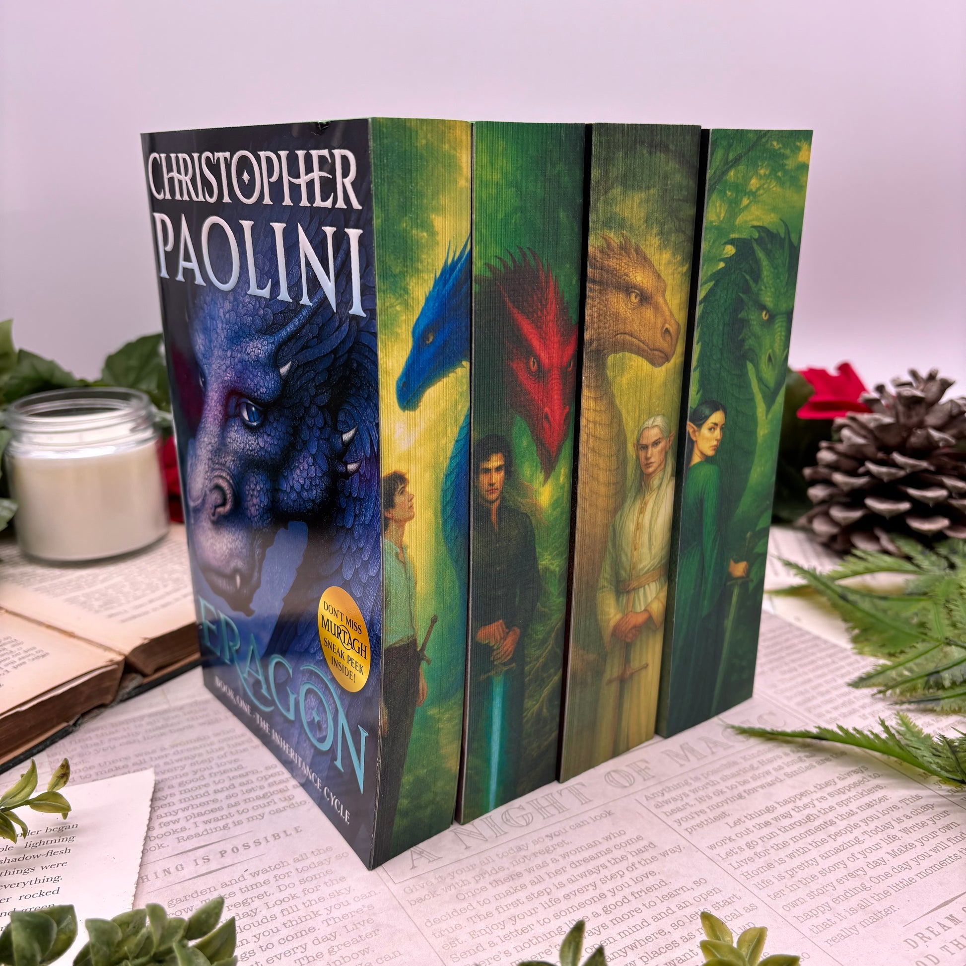 Inheritance Cycle series by Christopher Paolini special edition paperback set with custom edges sideview 