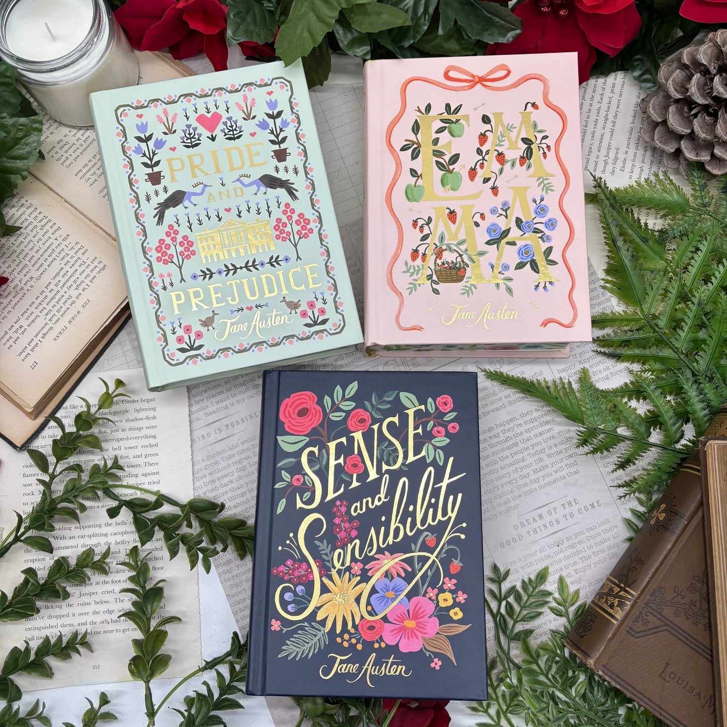 Jane Austen set with Pride and Prejudice Emma and Sense and Sensibility special edition hardcover with custom edges front covers