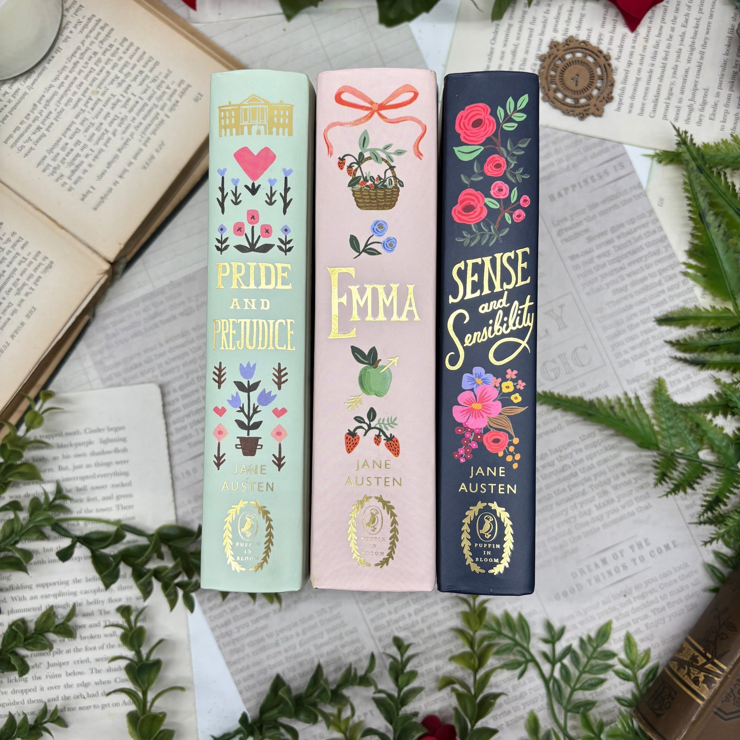 Jane Austen set with Pride and Prejudice Emma and Sense and Sensibility special edition hardcover with custom edges spine view