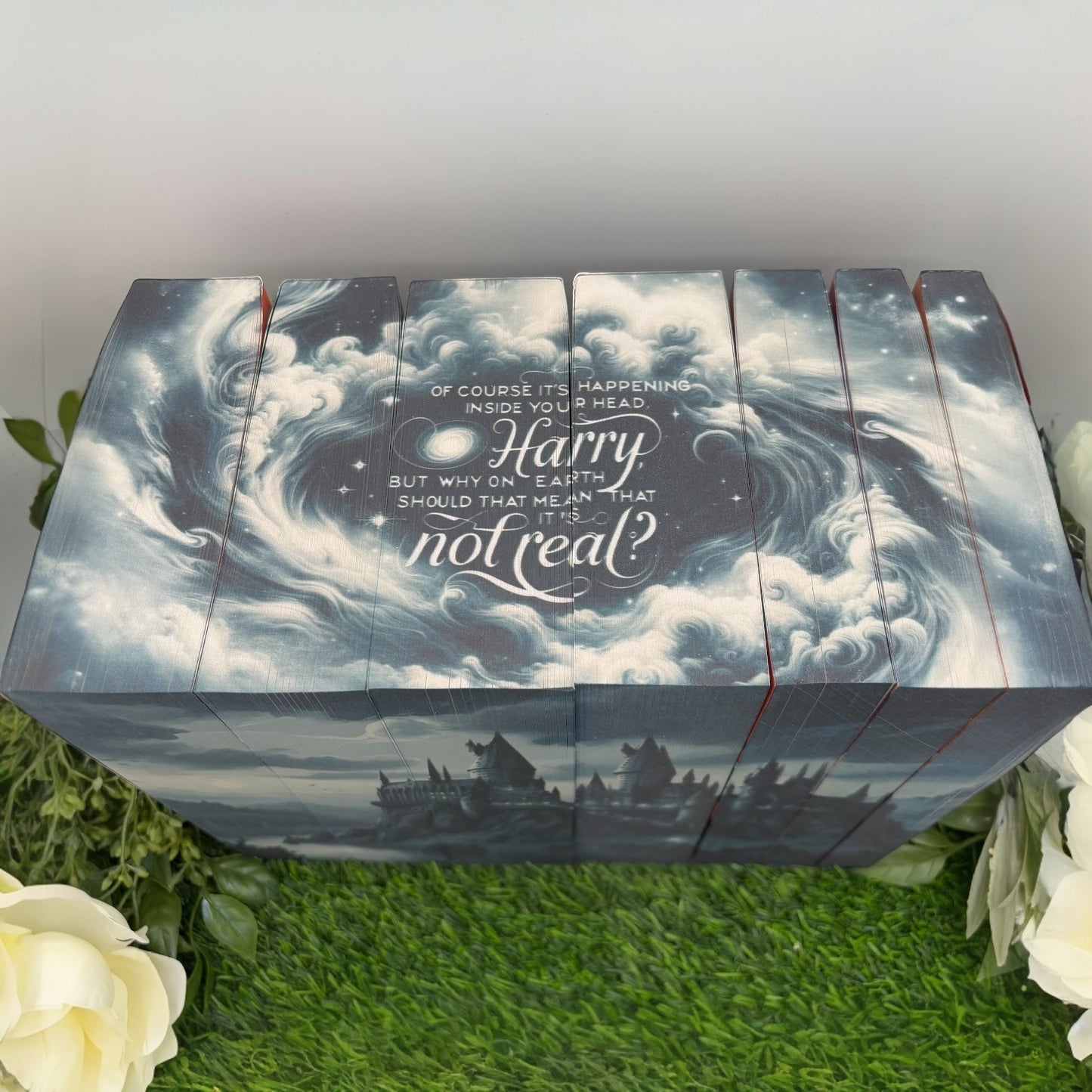 Custom designed Harry Potter books with magical castle edge art