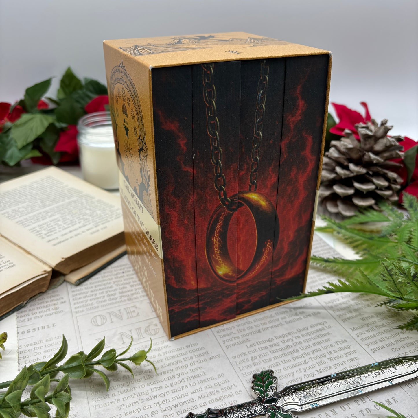 Lord of the Rings paperback set by J. R. R. Tolkien with rings custom edges special edition side