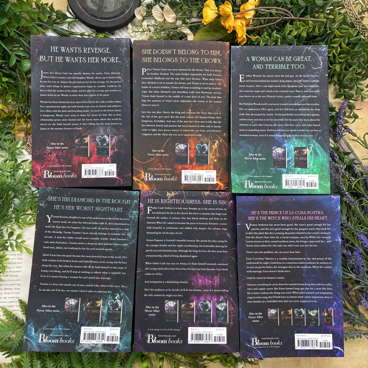 Never After Series by Emily McIntire six book special edition paperback set with custom designed edges back covers