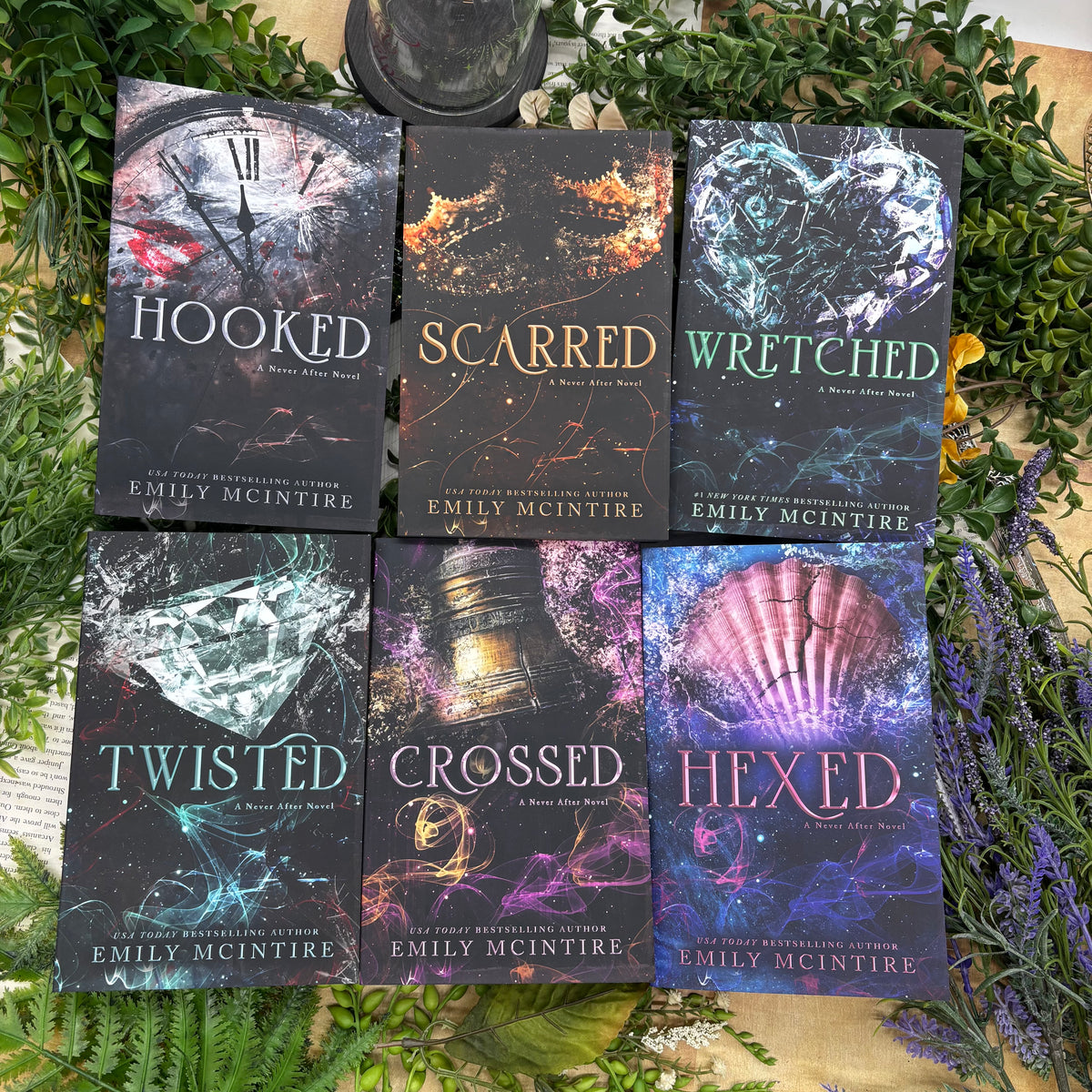 Never After Series by Emily McIntire six book special edition paperback set with custom designed edges front covers