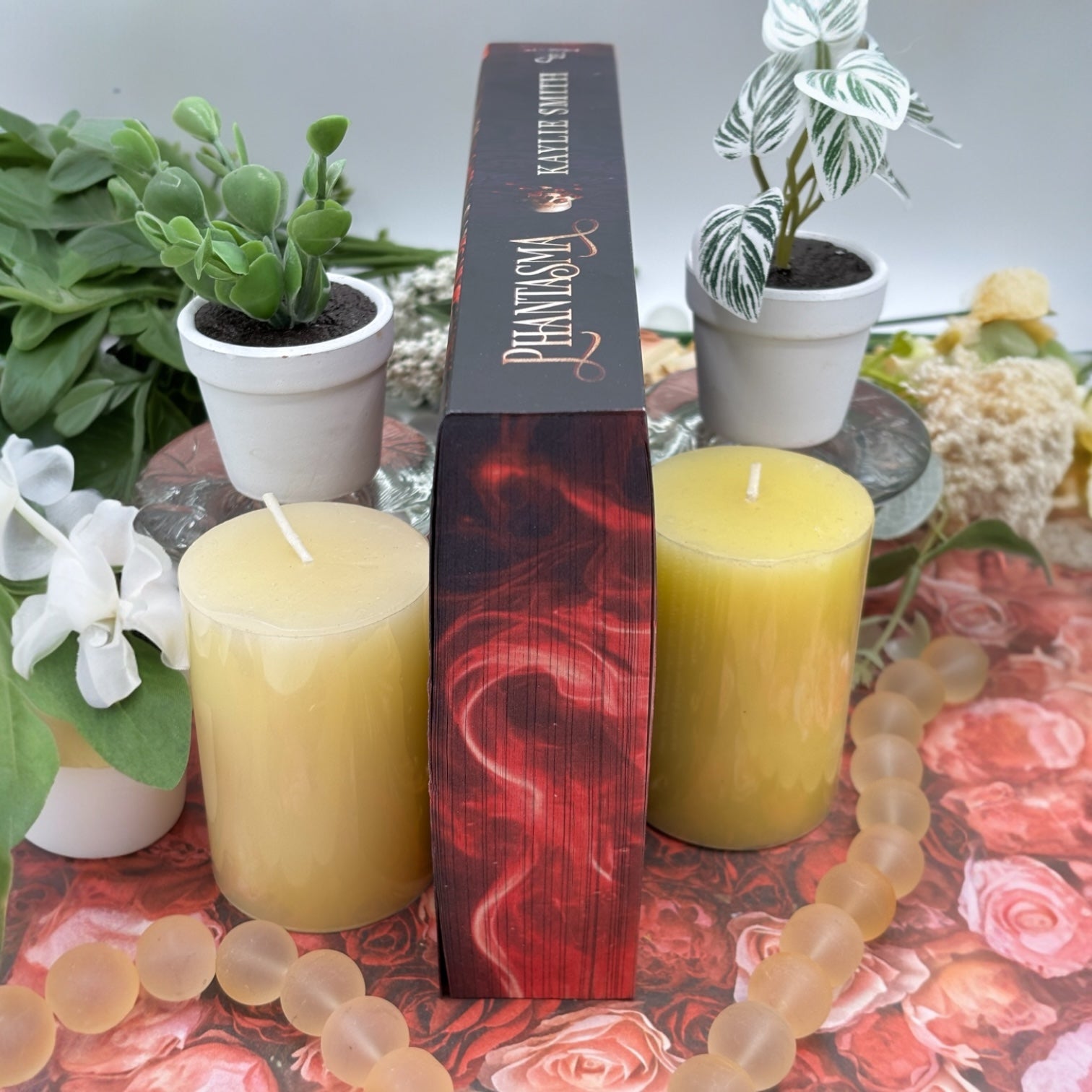 Bottom of custom printed book edges on Phantasma with candles and smoke design