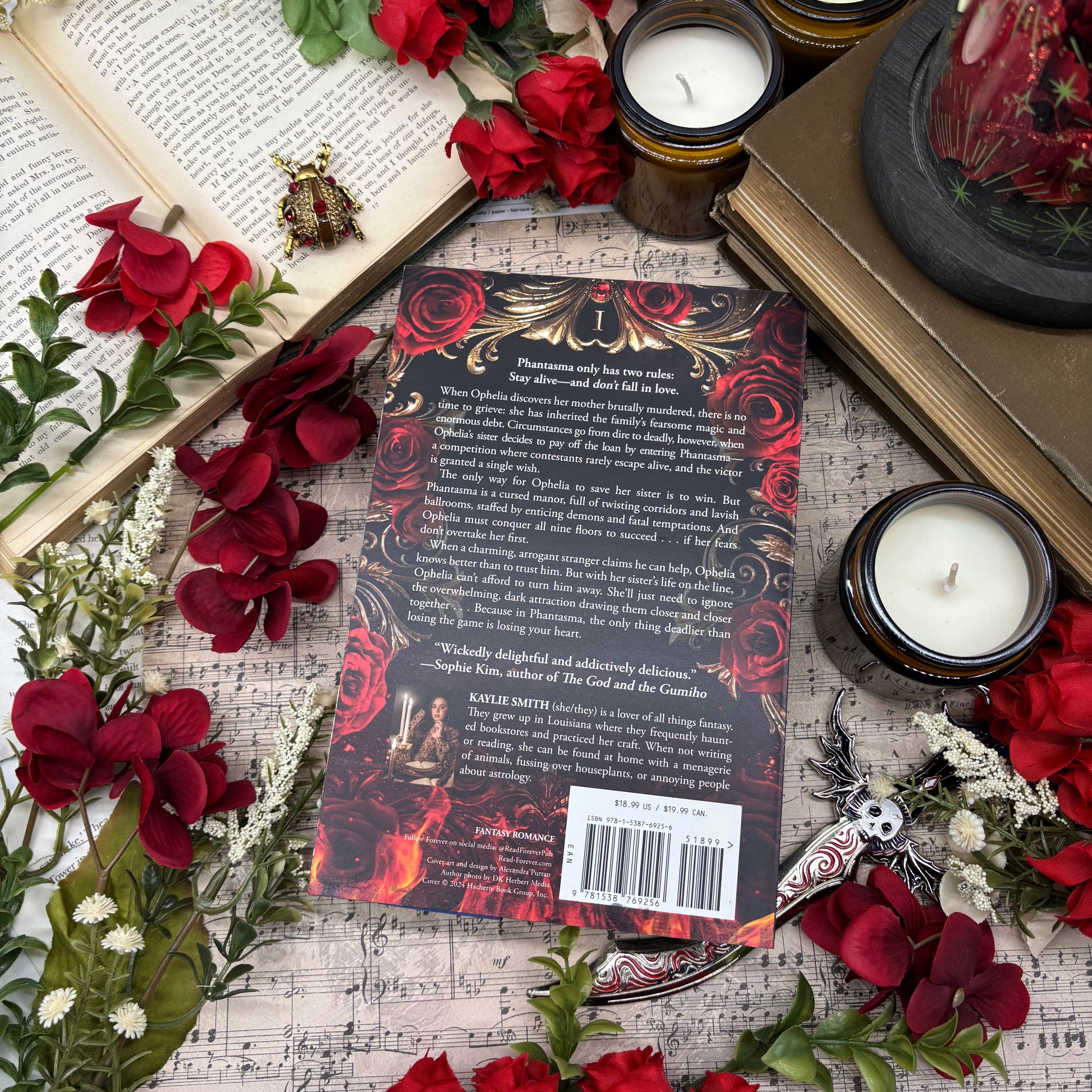 Back cover of Phantasma special edition paperback by Kaylie Smith with decorative edges