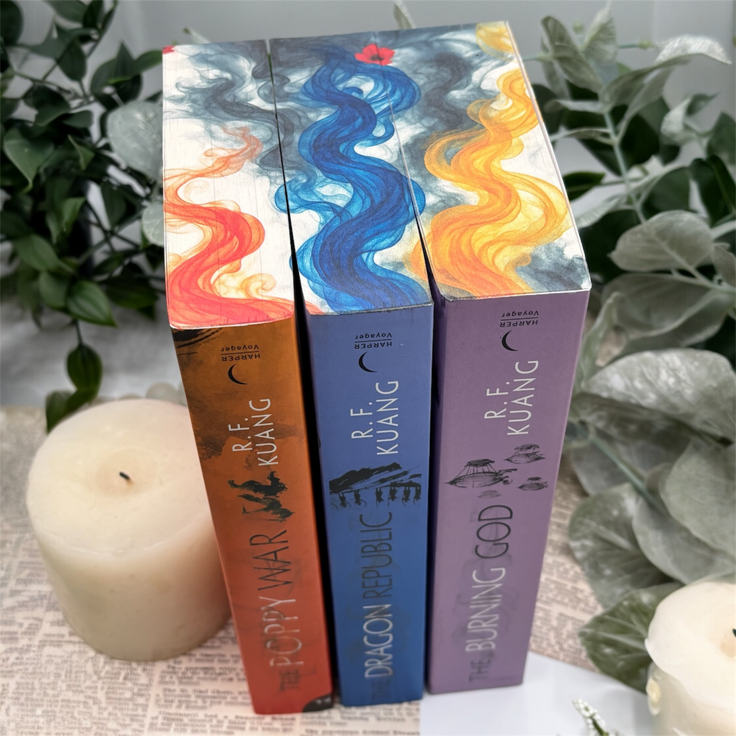 The Poppy War trilogy paperback books showing custom sprayed edges design