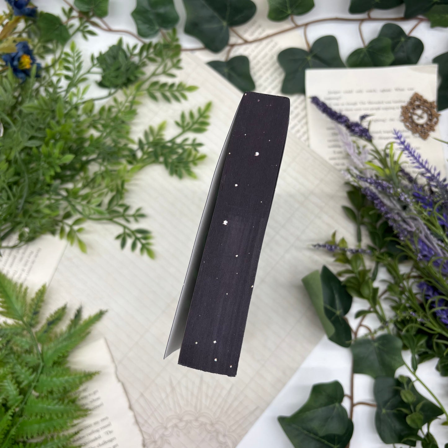 Close-up view of the stenciled book edges on the paperback edition of Mate by Ali Hazelwood