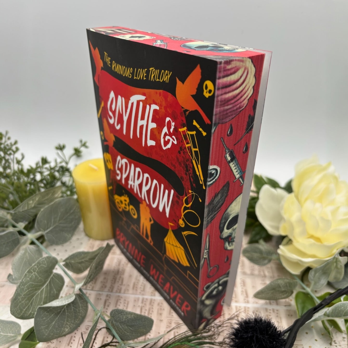 Scythe and Sparrow by Brynne Weaver special edition paperback book with custom edges