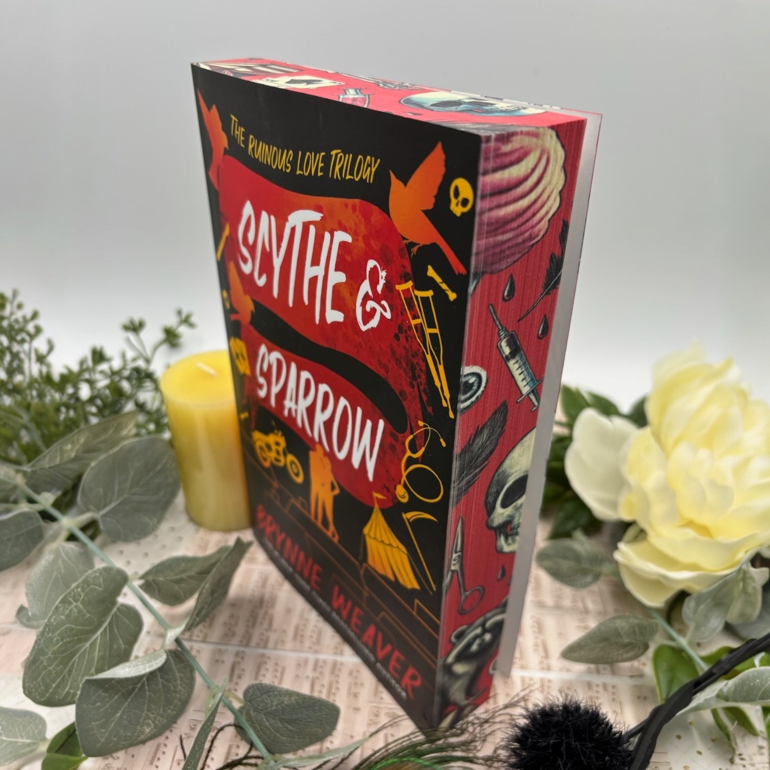Scythe and Sparrow by Brynne Weaver special edition paperback book with custom edges