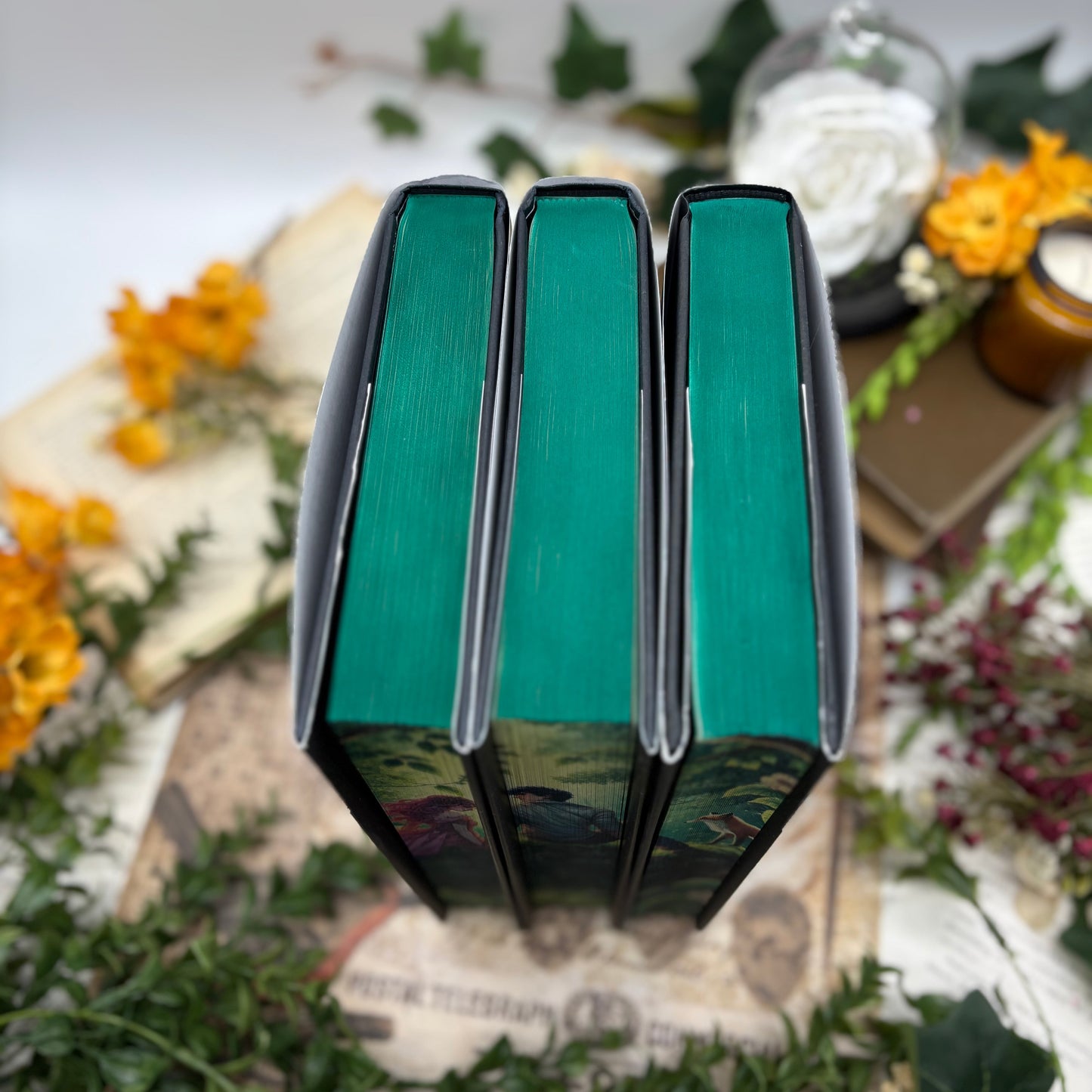 Top view of the Once Upon a Broken Heart trilogy with hand-airbrushed edges