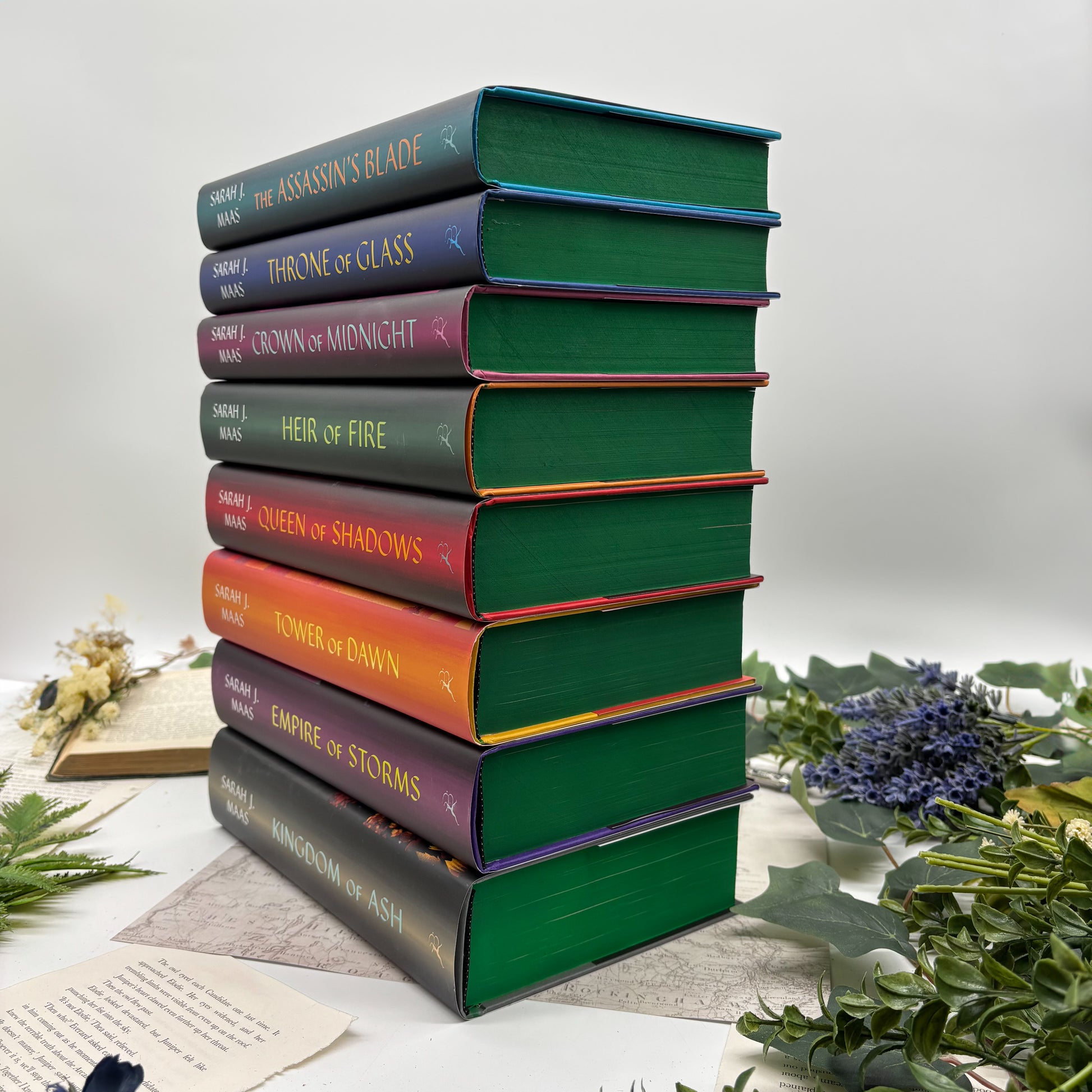 Special edition Throne of Glass hardcover box set by Sarah J. Maas with custom sprayed/stenciled edges